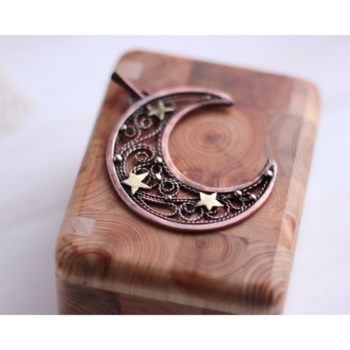 Copper filigree moon necklace