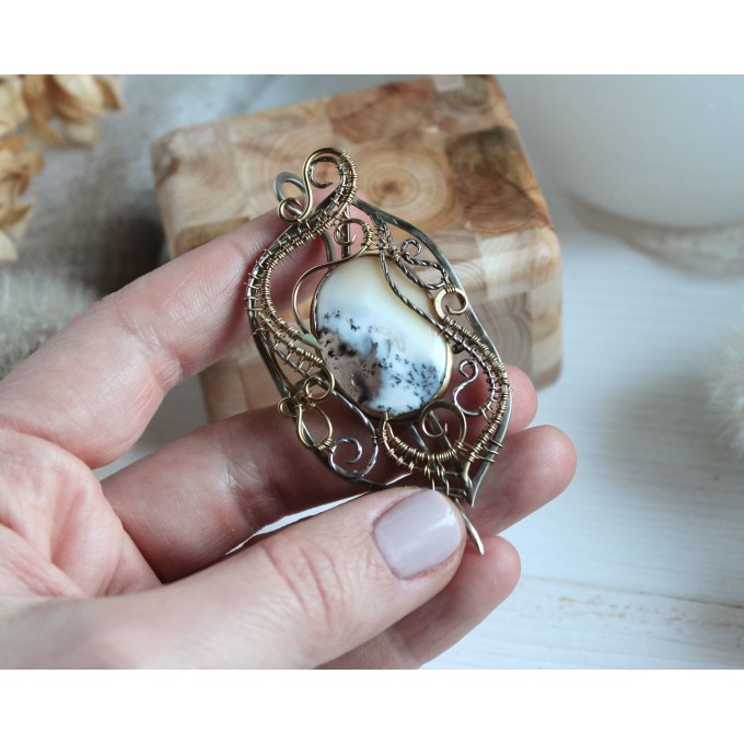 Mixed metal dendrite agate necklace-brooch