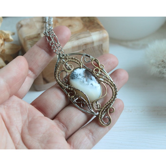 Mixed metal dendrite agate necklace-brooch