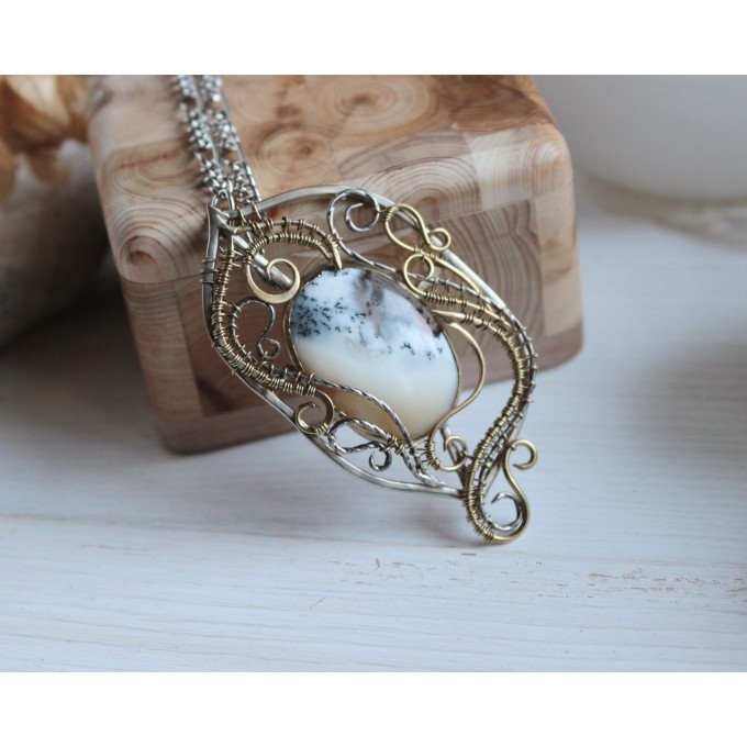 Mixed metal dendrite agate necklace-brooch