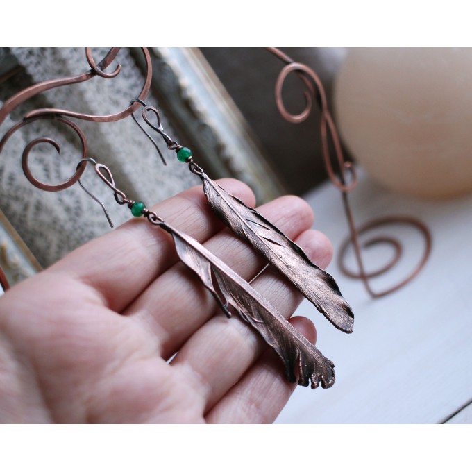 Copper feather earrings