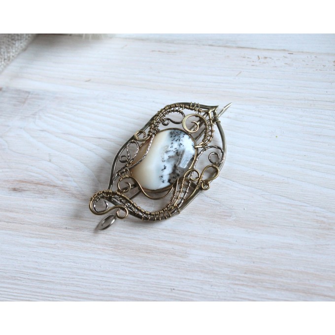 Mixed metal dendrite agate necklace-brooch