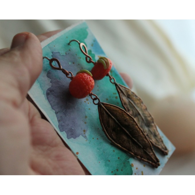 Copper mandarin leaf earrings