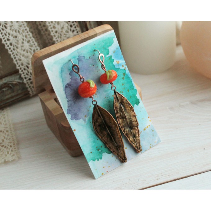 Copper mandarin leaf earrings