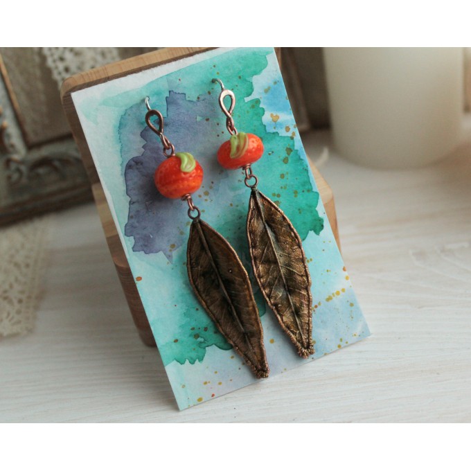 Copper mandarin leaf earrings