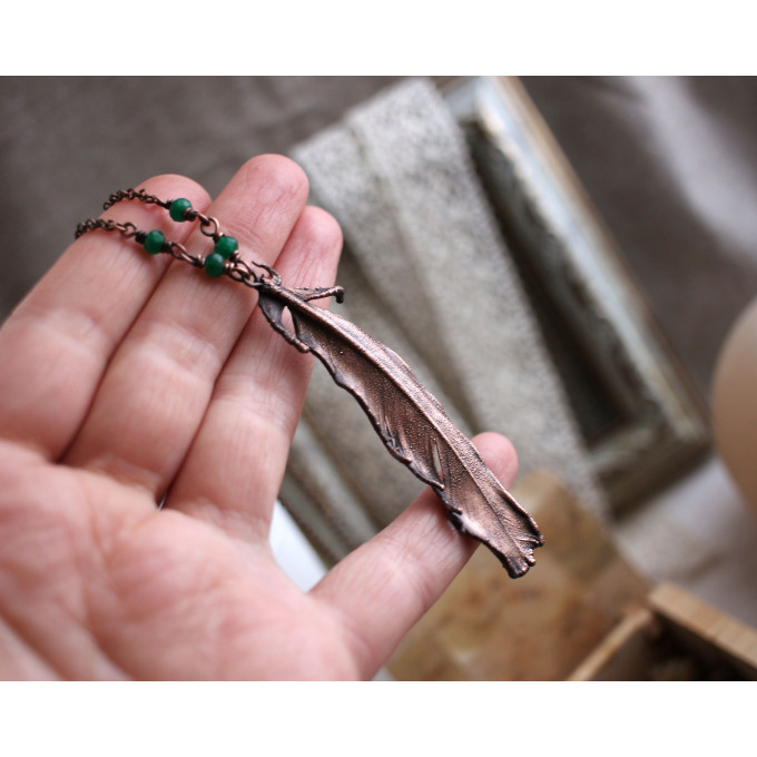 Copper feather gemstone necklace
