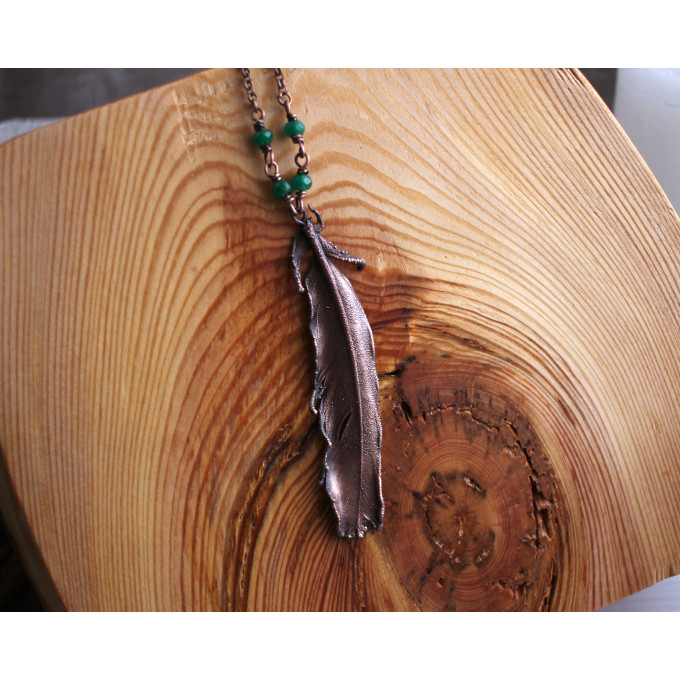 Copper feather gemstone necklace