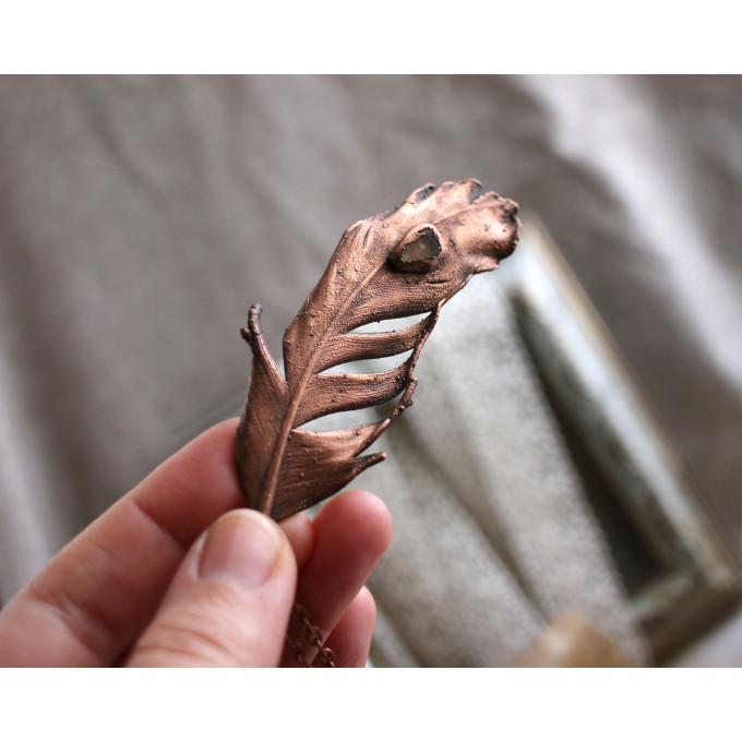 Copper feather gemstone necklace