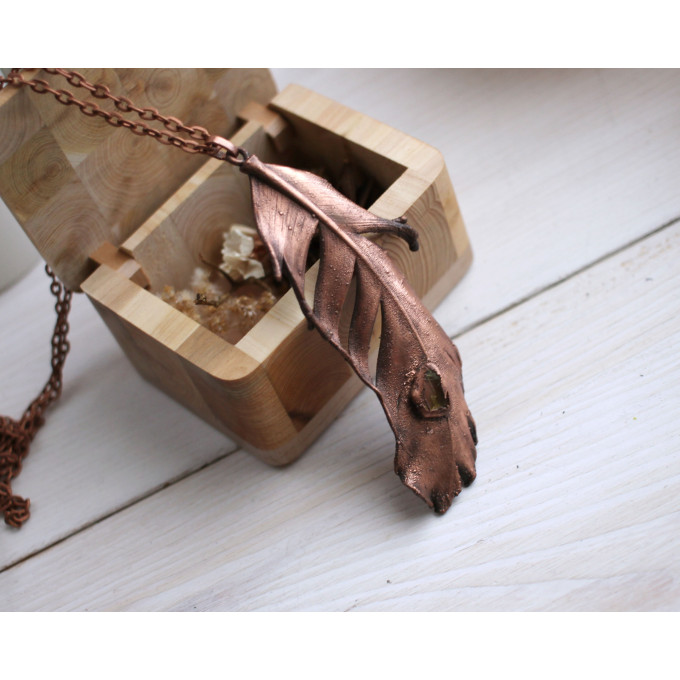 Copper feather gemstone necklace