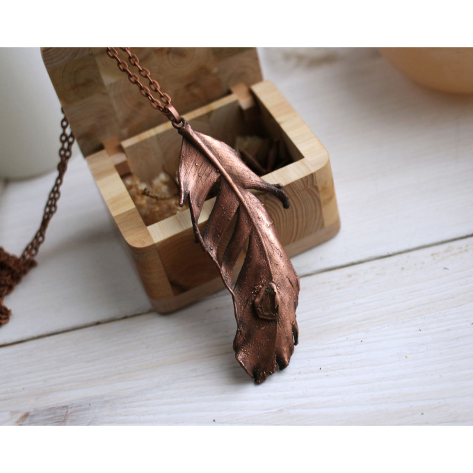 Copper feather gemstone necklace