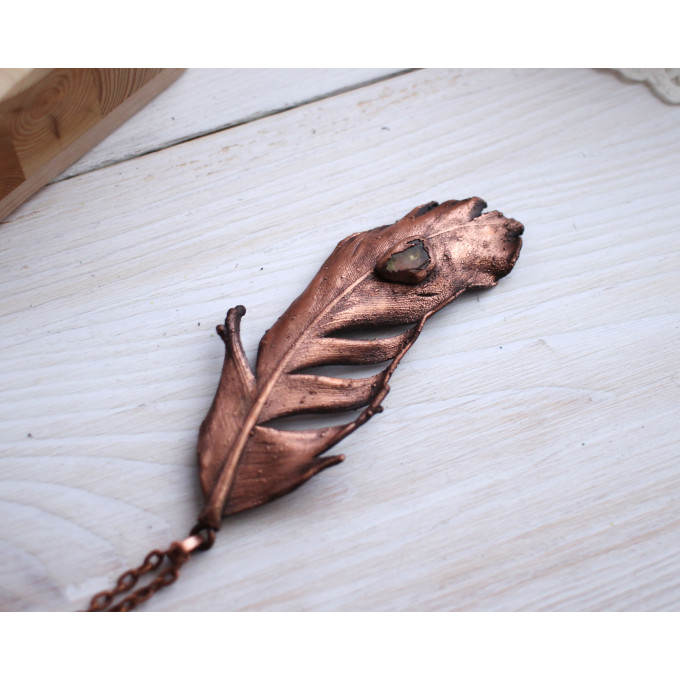 Copper feather gemstone necklace