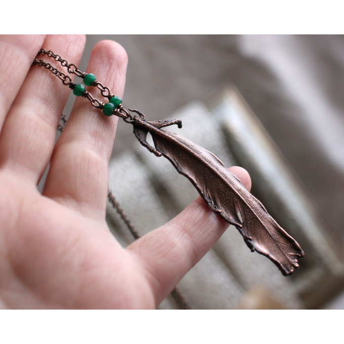 Copper feather gemstone necklace