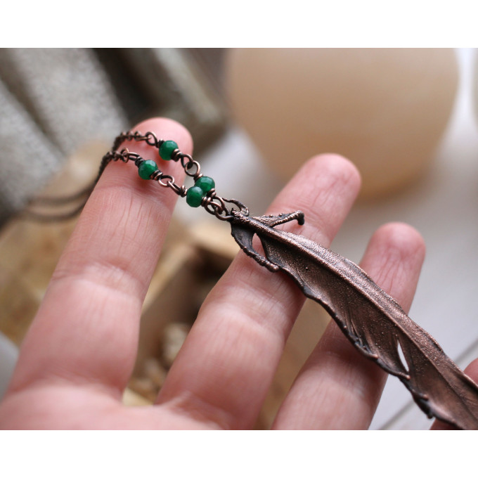 Copper feather gemstone necklace