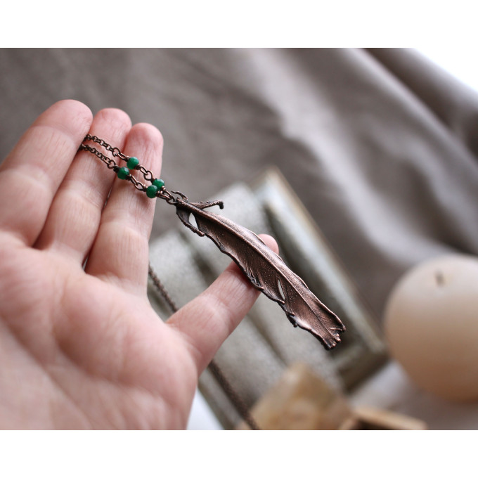 Copper feather gemstone necklace