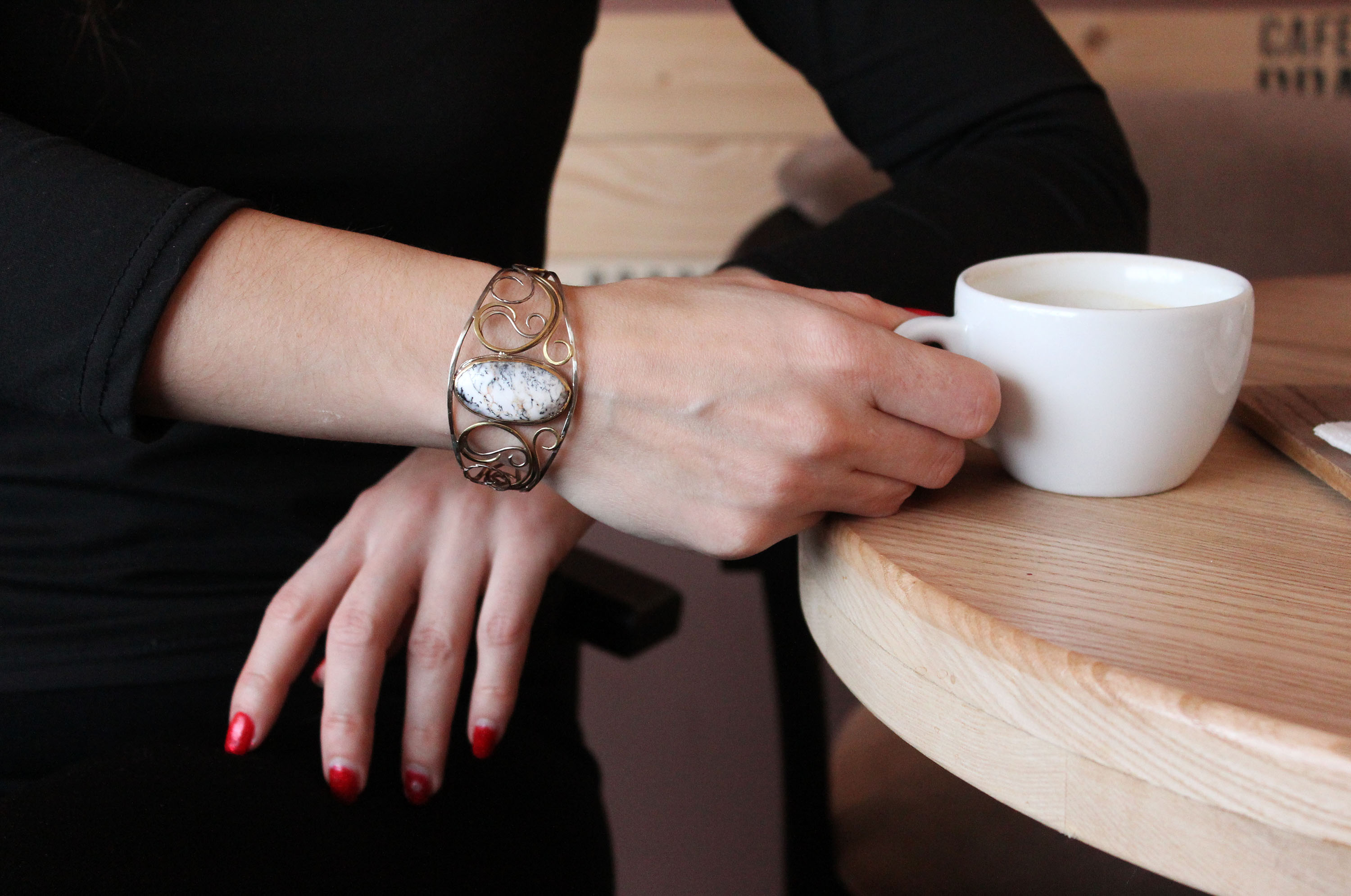 mixed metal dendrite agate cuff bracelet