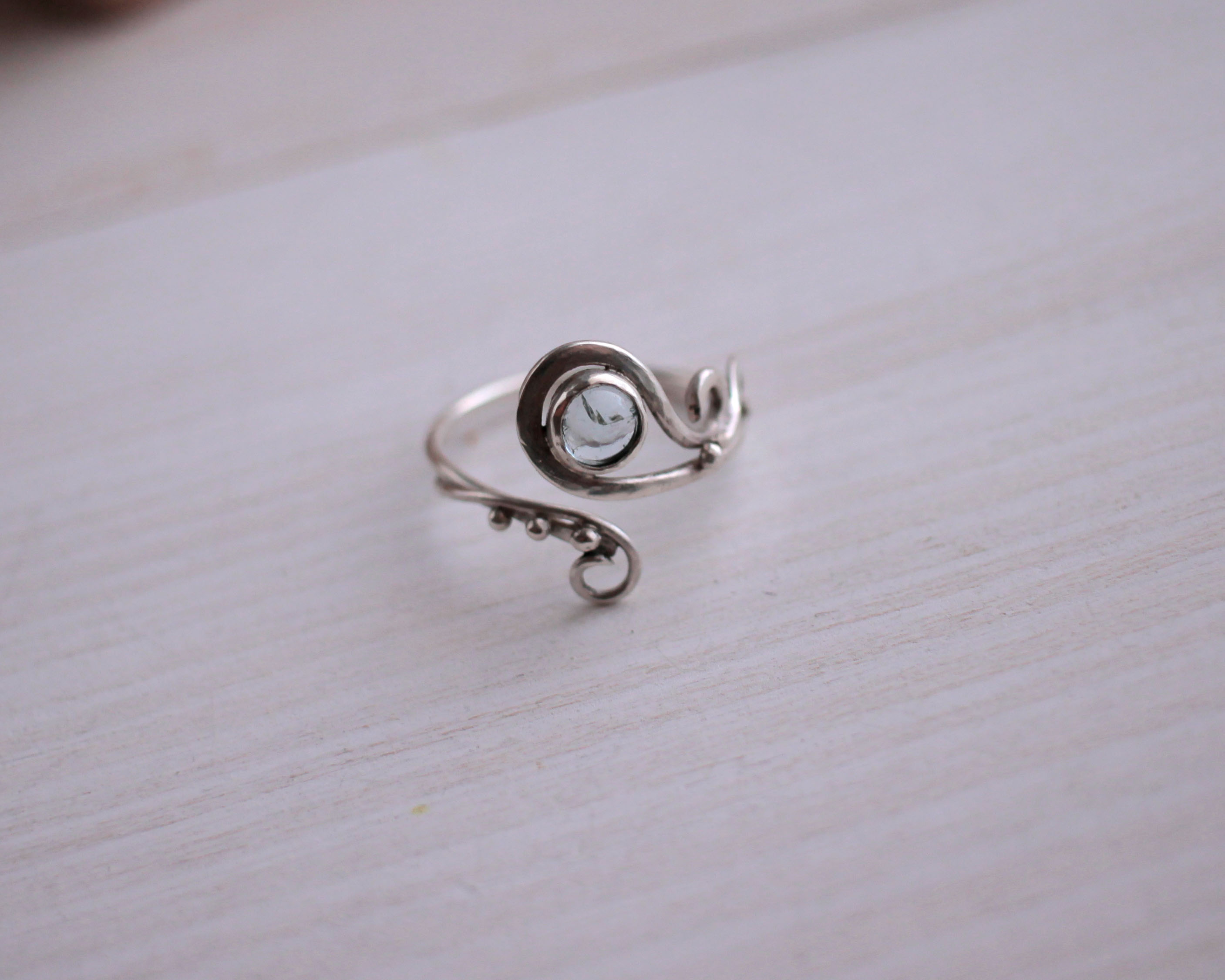 silver ring with aquamarine adjustable size